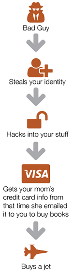 Infographic of hacker process: Bad guy steals your identity, gets your mom's credit card info from that time she emailed it to you to buy books, hacks into your stuff, buys a jet