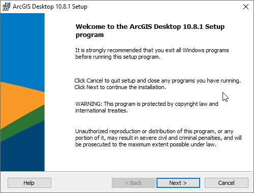 Welcome to the ArcGIS Desktop 10.8.1 Setup program It is strongly recommended that you exit all Windows programs before running this setup program.  Click Cancel to quit setup and close any programs you have running. Click Next to continue the installatio
