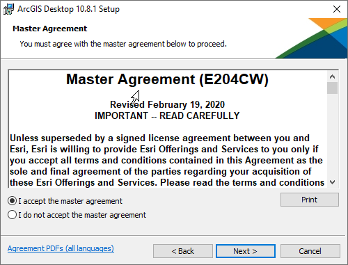 Master Agreement  You must agree with the master agreement below to proceed.  EULA text  I accept the master agreement I do not accept the master agreement Print Agreement PDFs (all languages) Back Next Cancel