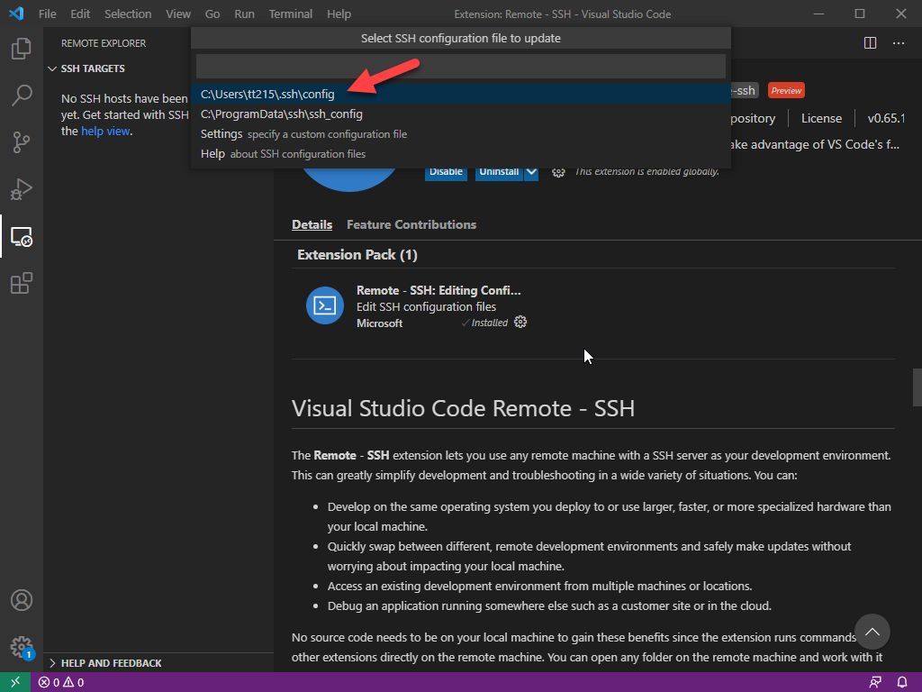 VS Code - Select SSH configuration file to update