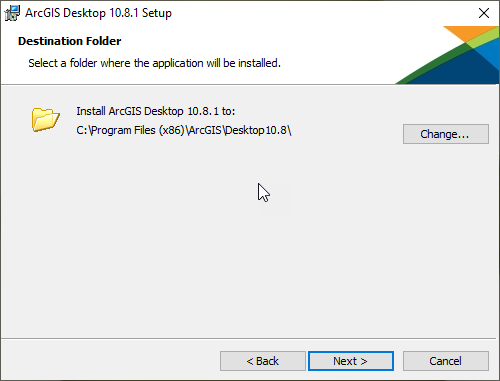 Destination Folder Select a folder where the application will be installed. Install ArcGIS Desktop 10.8.1 to: C:\Program Files (x86)\ArcGIS\Desktop10.8\ Change... Back Next Cancel