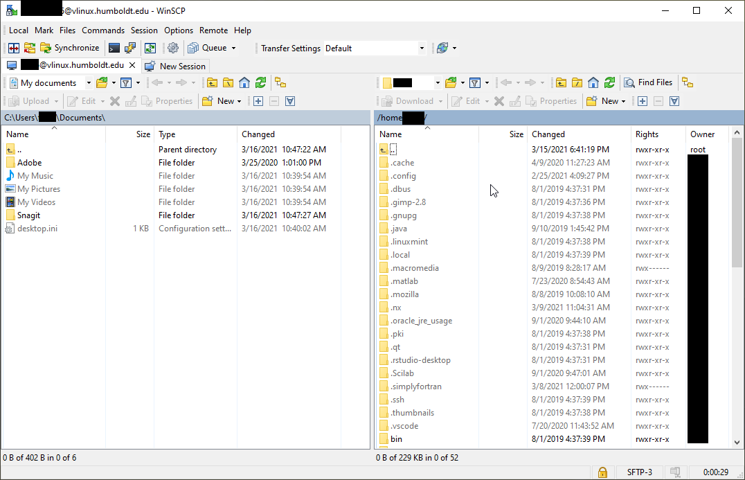 WinSCP window with show hidden files enabled