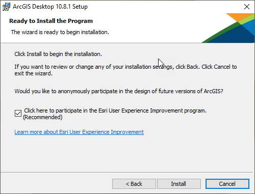 Ready to Install the Program The wizard is ready to begin the installation. Click Install to begin the installation. If you want to review or change any of your installation settings, click Back. Click Cancel to exit the wizard.  Would you like to anonymo