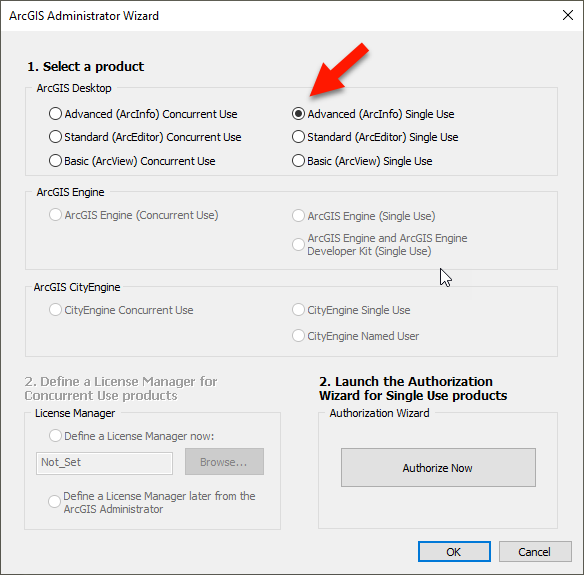 1. Select a product ArcGIS Desktop Radio button - Advanced (ArcInfo) Concurrent Use Radio button - Standard (ArcEditor) Concurrent Use Radio button - Basic (ArcView) Concurrent Use  Radio button - Advanced (ArcInfo) Single Use - Red arrow pointing to it R