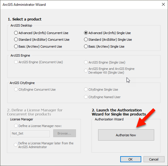 1. Select a product ArcGIS Desktop Radio button - Advanced (ArcInfo) Concurrent Use Radio button - Standard (ArcEditor) Concurrent Use Radio button - Basic (ArcView) Concurrent Use  Radio button - Advanced (ArcInfo) Single Use Radio button - Standard (Arc