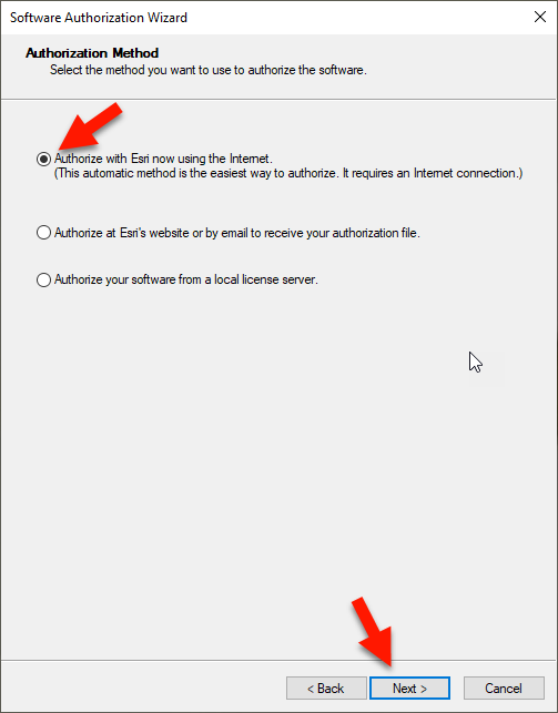 Authorization Method Select the method you want to use to authorize the software. Radio button - Authorize with Esri now using the Internet. (This automatic method is the easiest way to authorize. It requires an Internet connection.) - Red arrow pointing 