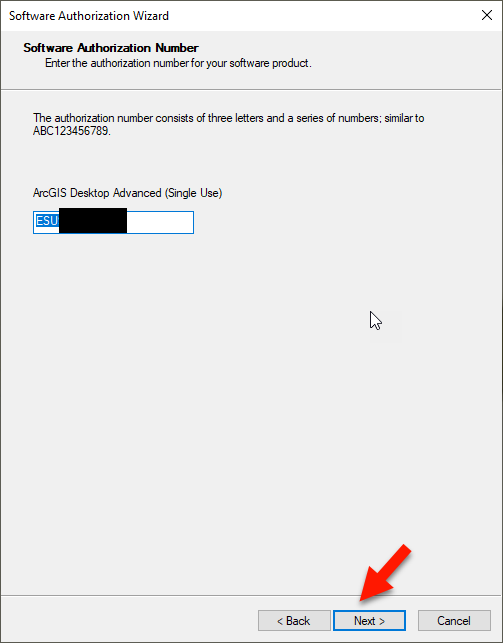 Software Authorization Number Enter the authorization number for your software product. The authorization number consists of three letters and a series of numbers; similar to ABC123456789. ArcGIS Desktop Advanced (Single Use) ESU Next - Arrow
