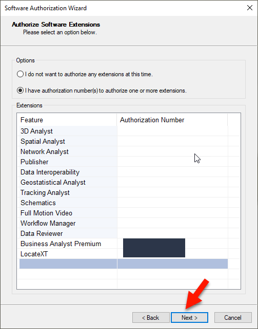 Authorize Software Extensions Please select an option below.  Options  Radio button - I do not want to authorize any extensions at this time.  Radio button - I have authorization number(s) one or more extensions.  Extensions Feature 3D Analyst Network Ana