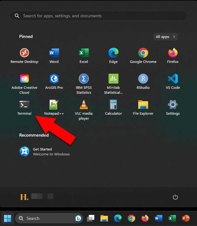 Windows 11 Start Menu with red arrow pointing to Terminal application.