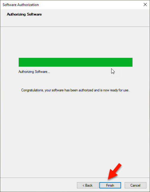 Authorizing Software Authorizing Software... Congratulations, your software has been authorized and is now ready for use. Back Finish - Red arrow pointing to it Cancel