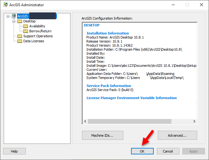 ArcGIS Desktop Availability Borrow/Return Support Operations Data Licenses ArcGIS Configuration Information: DESKTOP Installation Information Product Name: ArcGIS Desktop 10.8.1 Release Version: 10.8.1 Product Version: 10.8.1.14362 Installation Folder: 