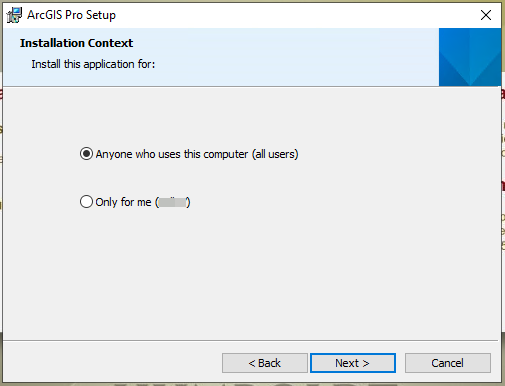 Installation Context Install this application for: Radio Button Anyone who uses this computer (all users) Radio Button Only for me (abc123) Back Next Cancel