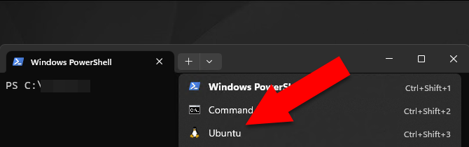 Windows Terminal windows with a red arrow pointing to the Ubuntu Windows Subsystem for Linux option.