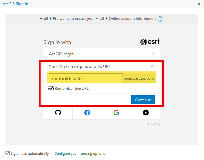 ArcGIS Pro sign-in page with the "Your ArcGIS organization's URL" dropdown expanded, outlined, and highlighted