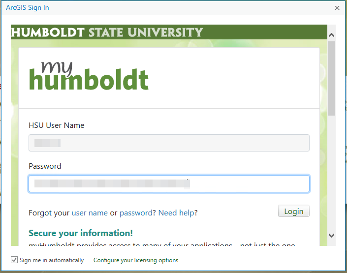 ArcGIS Pro wants to access your ArcGIS Online account information (help link with question mark icon) Cal Poly Humboldt MyHumboldt Humboldt User Name form field Password form field Forgot your user name or password? (link) Need help? (link) For