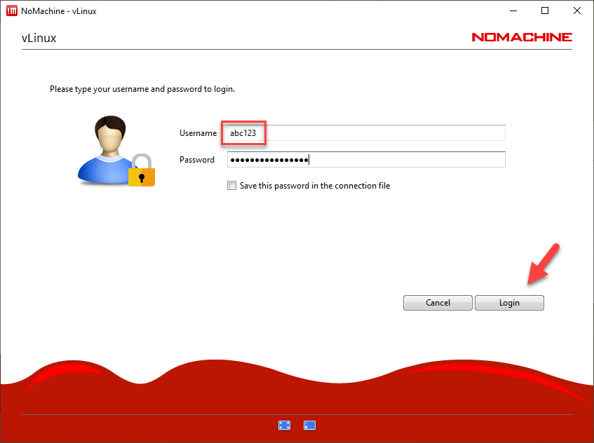 NoMachine - Enter username and password