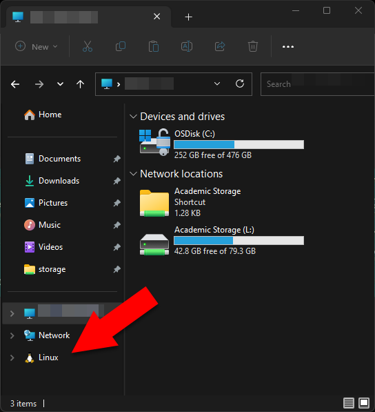Screenshot of Windows Explorer with an arrow pointing to the WSL Linux node.