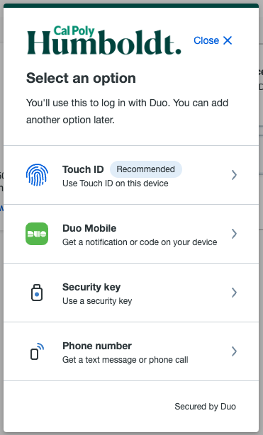 Duo prompt showing user available authentication options when registering a new device