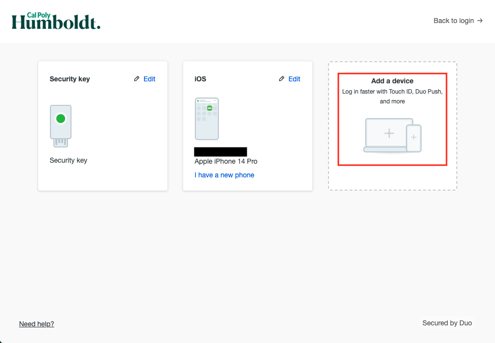 Duo Manage Devices page where you can Add Device