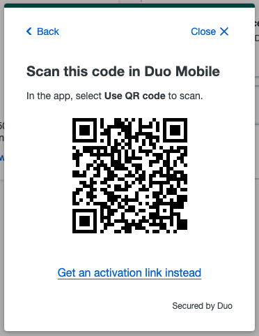 Duo prompt displaying a QR code for the user to scan with their device