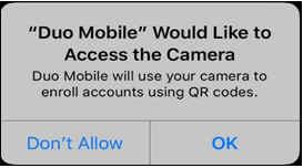 iOS prompt to allow Duo Mobile to access the camera